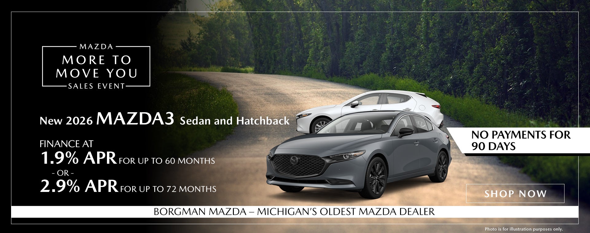 Borgman Mazda 2026 Mazda3 1.9% APR No Payments 90 Days
